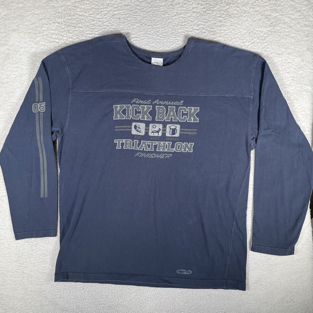 Crazy Shirts Mens XL Blue Kick Back Triathlon Graphic Tee Beer Surfing Front Hit